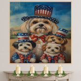 Mother Lhasa Apso and Three Puppies Wearing Patriotic Star Hats and Red Bow Ties Posed Outdoors Under a Blue Sky on Ready to Hang 1.5" Thick Canvas Wrap, Floating Framed Canvas, Flat Rolled Canvas